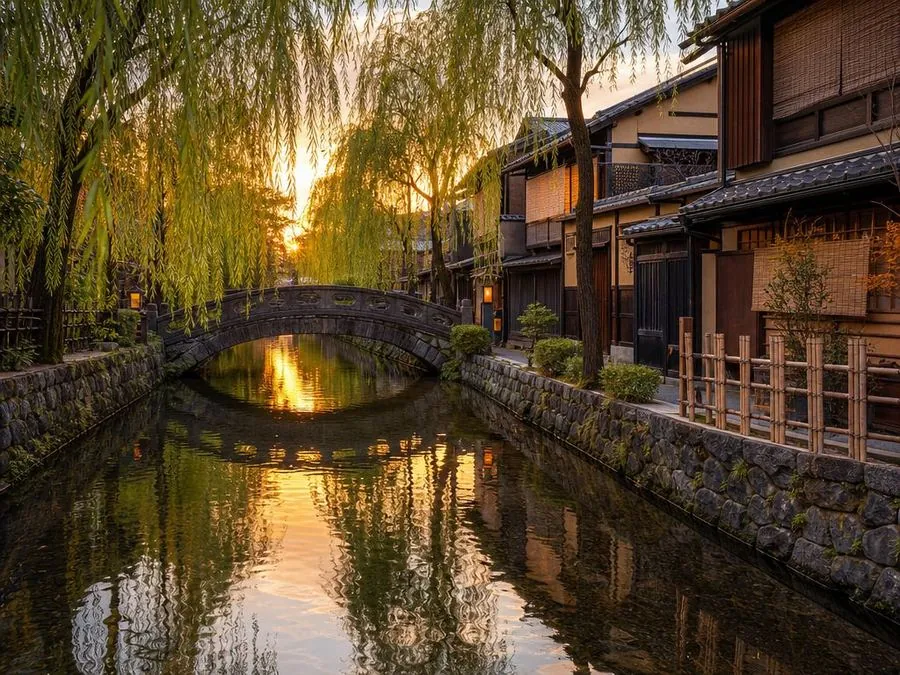 Shirakawa canal with willows and stone bridges in Gion